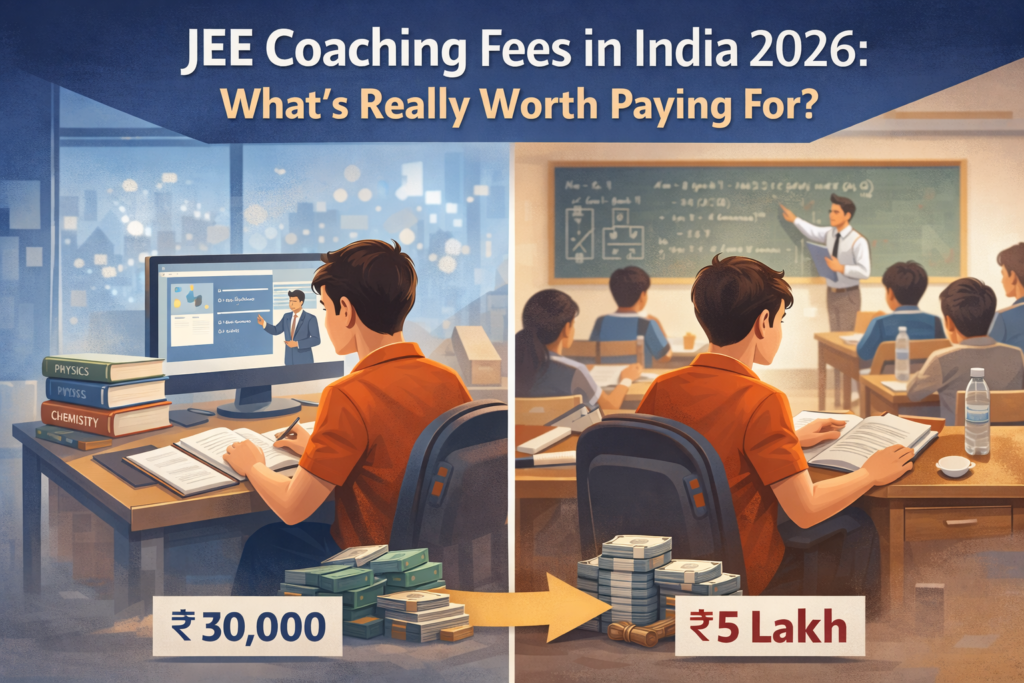 JEE coaching fees in India 2026 showing comparison between offline and online coaching institutes